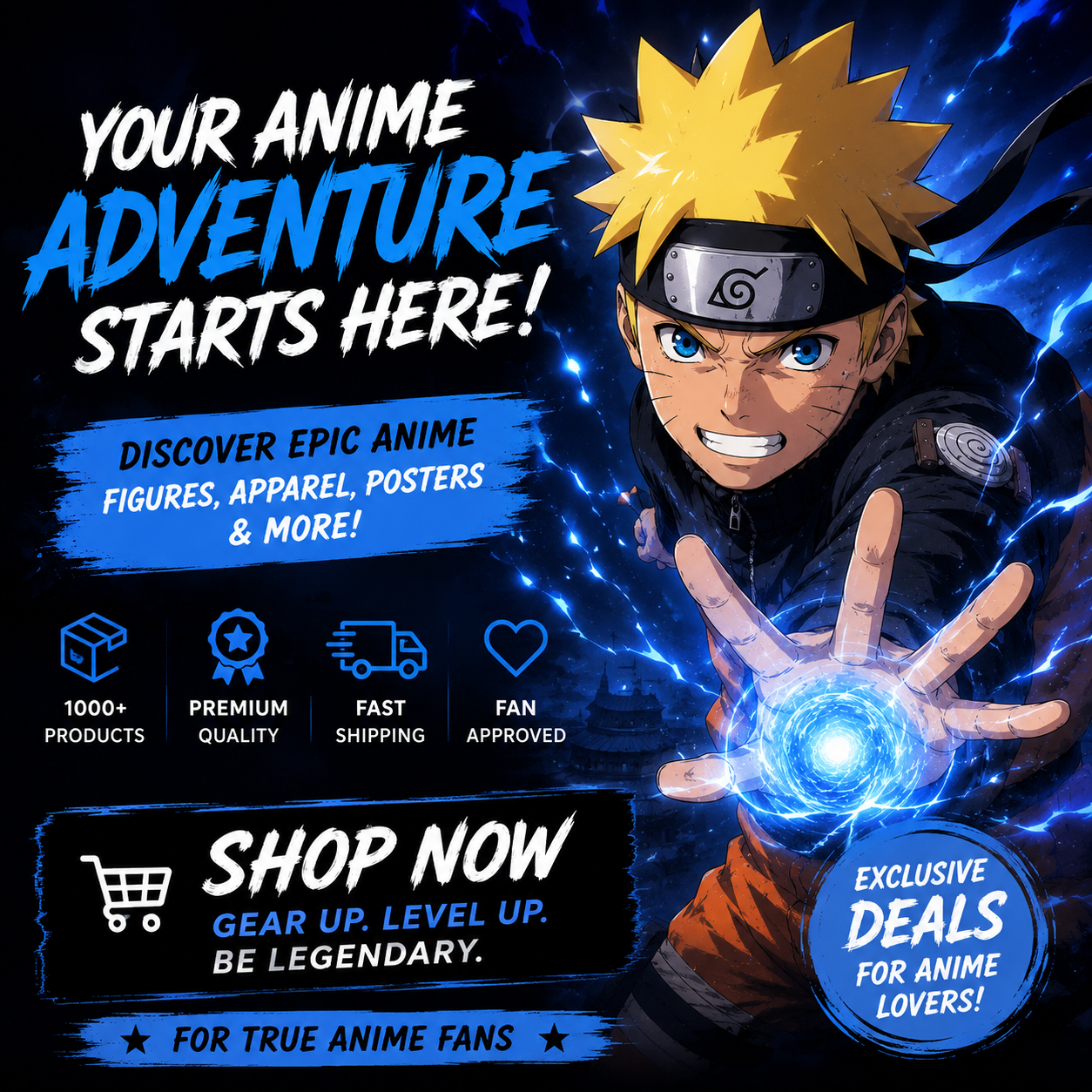 Anime adventure artwork featuring a ninja hero and blue energy effects