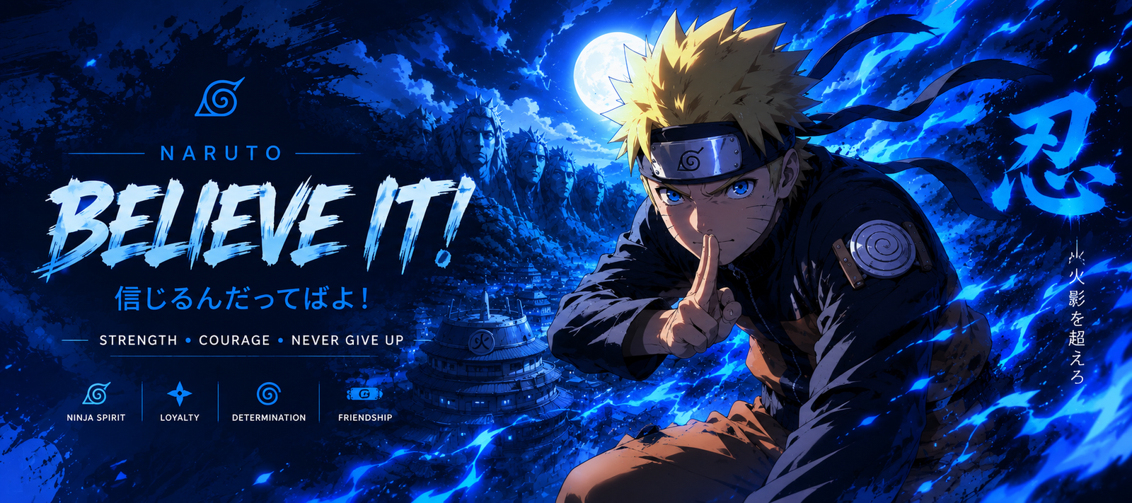 Naruto anime banner with a blue moonlit battle scene